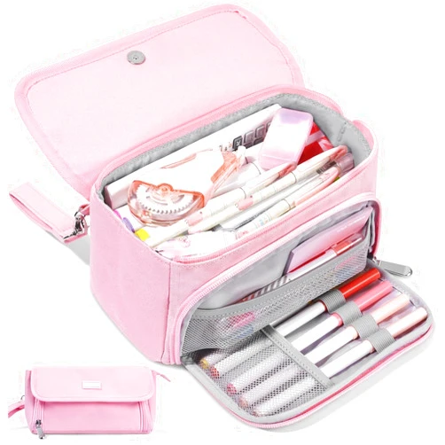 Sooez Super Large Pencil Case, Big Capacity Pencil Bag with 3 Compartments, Hold 200 pencils, Cute Pencil Pouch with Zipper, Portable Stationery Pen Bag, Aesthetic School Supplies For Girls, Pink