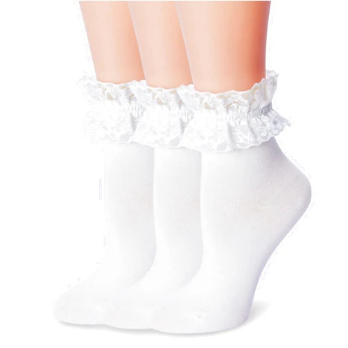 ViViKi Women Lace Ruffle Ankle Socks, Cute Frilly Cotton Socks Girl Princess Socks, 3 Paris
