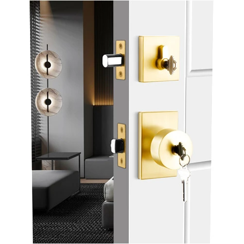 Goldenwarm Gold Exterior Door Lock Set, Square Contemporary Brushed Gold Door Knob and Deadbolt Set, Heavy Duty Brass Door Locks for Front Door (1 Pack)