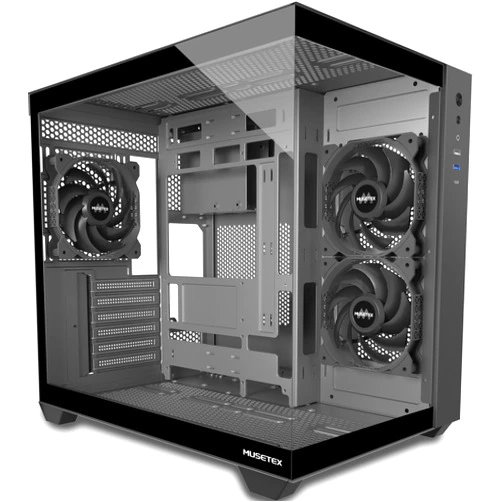 MUSETEX ATX PC Case, 3 x 120mm Fans Pre-Installed, 360MM RAD Support, 270° Full View Tempered Glass Gaming PC Case with Type-C, Mid Tower ATX Computer Case, Black, Y6