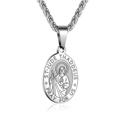 P. BLAKE Oval Saint Christopher/Michael/Joseph/Jude/Virgin Mary/Joseph/Francis/Patrick/Anthony/Benedict/Thomas Necklace for Men Women, Stainless Steel Catholic Patron Pendant with Chain 24 Inches