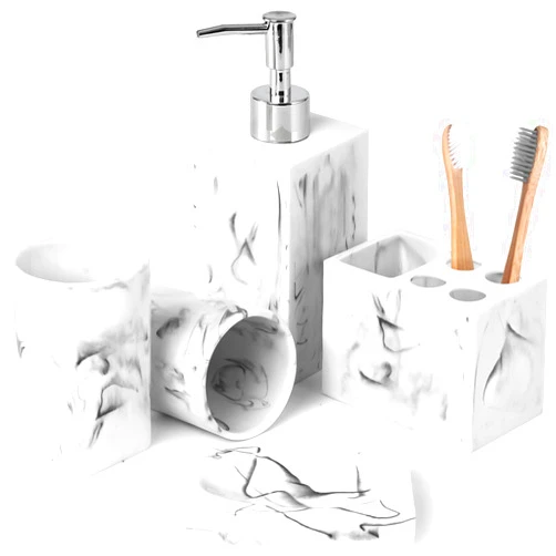 Haturi Bathroom Accessories Set, 5 Pcs Marble Look Sets Soap Dispenser & Toothbrush Holder Counter Top Restroom Apartment Decor Stuff, Resin Kits, Gift for Women and Men, Ink White