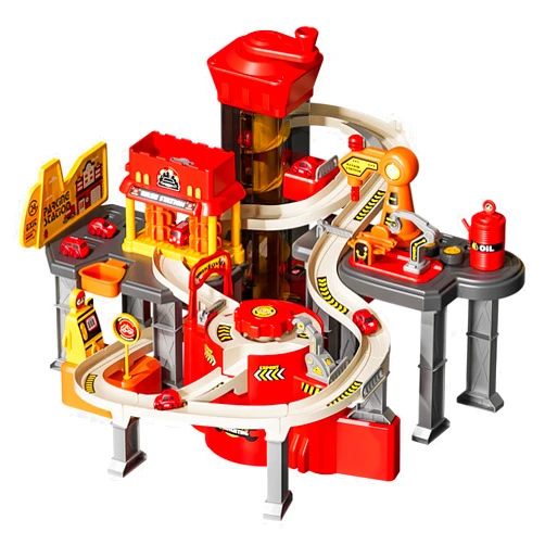 BEJARM Creative Mini Race Car Track Adventure Playsets Set,Unique Tower Fire Engine Toy Garage with Electric Elevato with Light Sound,Ultimate City Ramp Parking Garage Kits,Kid Best Birthday Gift (Scene B)