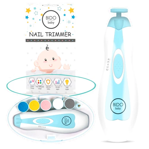 BIDO BİDO Baby Nail Trimmer File Electric-Safe Baby Nail Clippers,Manicure Kit for Newborn Toddler and Kids,12 Grinding Heads and LED Light, Pink or Blue (Blue)