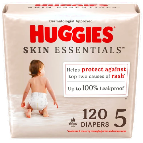 Huggies Size 5 Diapers, Skin Essentials Baby Diapers, Size 5 (27+ lbs), 120 Count (2 Packs of 60)