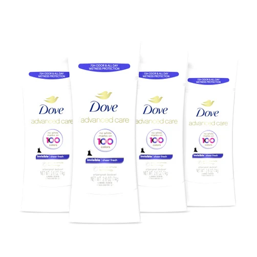 Dove Advanced Care Antiperspirant Deodorant Stick Sheer Fresh 4 Count Anti-stain antiperspirant deodorant for soft underarms 72-hour underarm odor protection and all-day sweat control 2.6 oz
