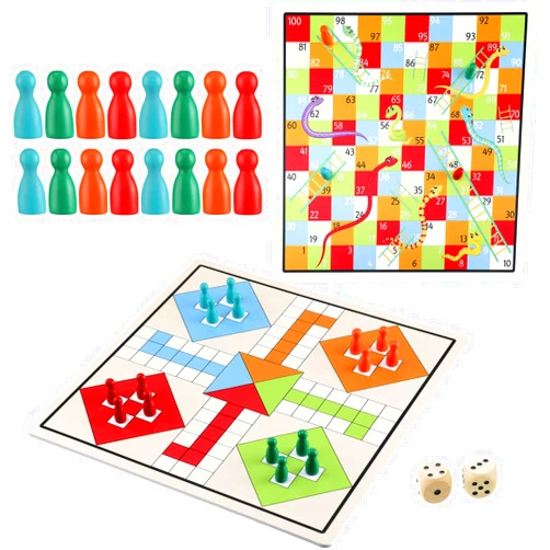 Deekin 2 in 1 Snakes and Ladders, Ludo Game Set, 12 x 12 Inch Ludo Board 2-4 Players Family Dice Set Classic Double Sided Board for Adults Teens, with 2 Wooden Dices and 16 Game Pieces