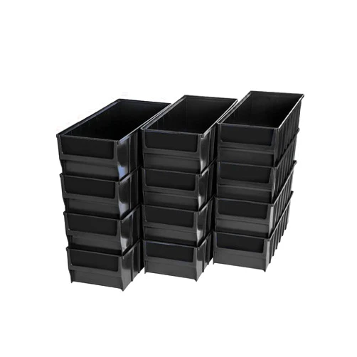 Storage Compat Storage Bin, Multibox RK401606 With 4 Dividers, Drawer Organizer, Multipurpose Plastic Stacking Container, Black, 16x4x6 Inches, Medium Size, 12 pack