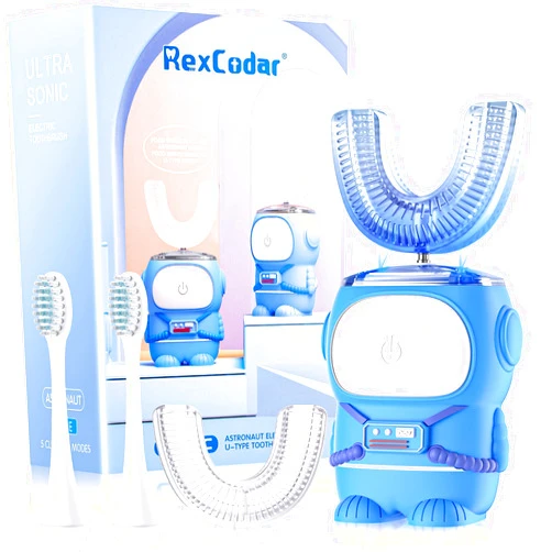 RexCodar Ultrasonic Kid's U-Shaped Electric Toothbrush, IPX7 Waterproof, Five Cleaning Modes, 60S Smart Reminder Cartoon Astronaut Design（Ages 2-6）