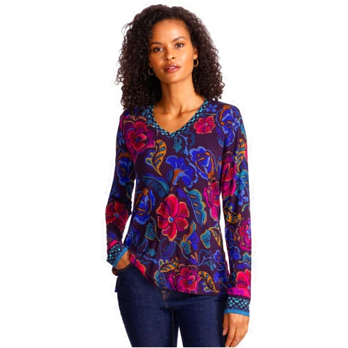 Johnny Was Janie Favorite Aphaia Long Swing Tee Floral Shirt Blue Pink Top New