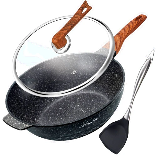 ANEDER Wok Pan Nonstick 12.5 Inch Skillet, Frying Pan with Lid & Spatula Wok Pans for Cooking Electric, Induction & Gas Stoves, Oven Safe