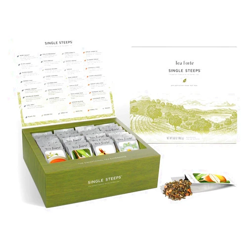 Tea Forte Single Steeps Loose Leaf Classic Premium Tea Sampler Tea Chest Box, 28 Count Assorted Blends Pre-Portioned Single Serve Pouches, Steeps 12 oz