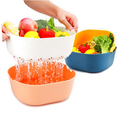 MASJENBU Kitchen Colanders Bowl Set (2 Sets 5.5 Qt), Large Fruit Vegetable Washing Sink Strainer Basket, BPA Free, Dishwasher Safe, Orange White Blue Yellow