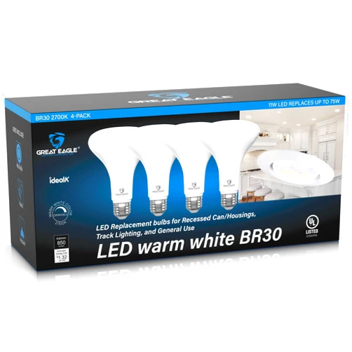 Great Eagle Lighting Corporation BR30 LED Bulb, 11W (75W Equivalent), 850 Lumens, 2700k (Warm White), for Recessed Can Use, Dimmable, and UL Listed (4 Pack)