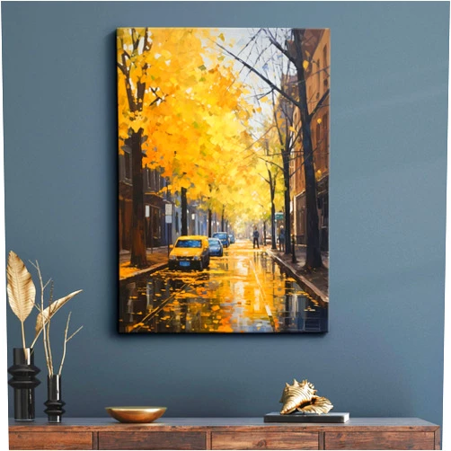 Custom Yellow Road City Tress Leafs Falling Abstract Poster Wall Art, Home Kitchen Office Room Decor, Yellow Road City Poster, Yellow Road City Photo,108