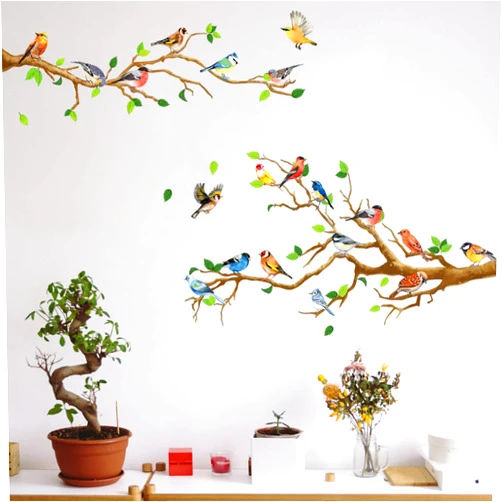 DILIBRA Hummingbird on The Tree Branch Wall Sticker, Green Leaf and Flying Bird DIY Art Vinyl Wall Decal, Self-Adhesive Wall Decoration for Garden Living Room Bedroom Kitchen Playroom Nursery Room