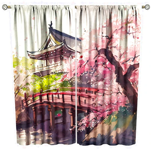 ESHINEDE Japanese Asian Window Curtain Watercolor Black Red Chinese Mountain Sun Tree Anime Scenery Ink Painting Cloth Fabric Polyester Bedroom Home Decor Set 42