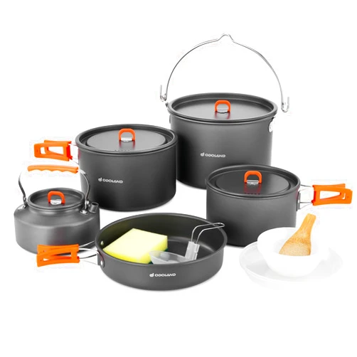 Odoland 18pcs Camping Cookware Large Size Hanging Pot Pan Kettle Set with Plastic Plates Bowls Soup Spoon for Camping, Backpacking, Outdoor Cooking and Picnic