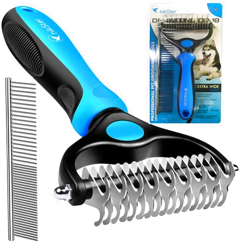 Hikster Undercoat Rake for Dogs with Metal Comb 2 in-1 Pet Grooming Brush Double Sided shedding Dematting Tool Remove Knots Dematting Comb for Dogs with Dog Comb for Grooming, Furever Brush, Cat Brush