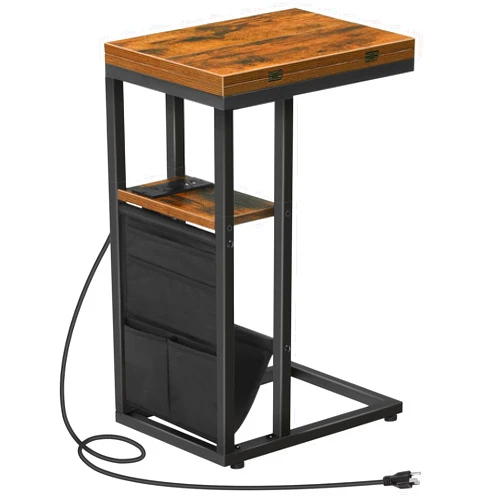 HOOBRO C Shaped Side Table with Charging Station, Foldable End Table with Storage Bag, Sofa Couch Table Snack Table for Small Space in Living Room, Bedroom, Rustic Brown and Black BF101USF01