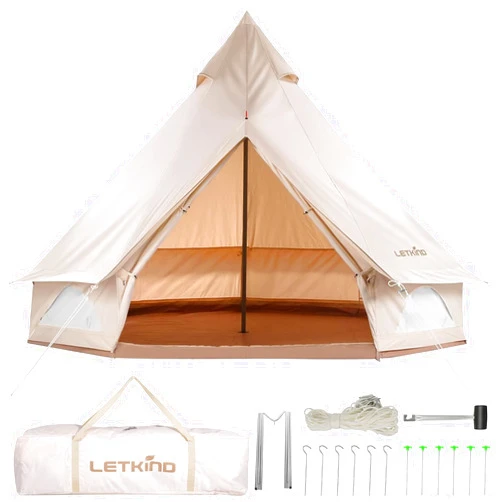 LETKIND 13ft Canvas Bell Tent Camping Yurt Tent with Stove Jack, 6 Person Waterproof Glamping Tent 4 Season Cotton Bell Tent Luxury Outdoor Glamping Tent for Camping Hunting Party