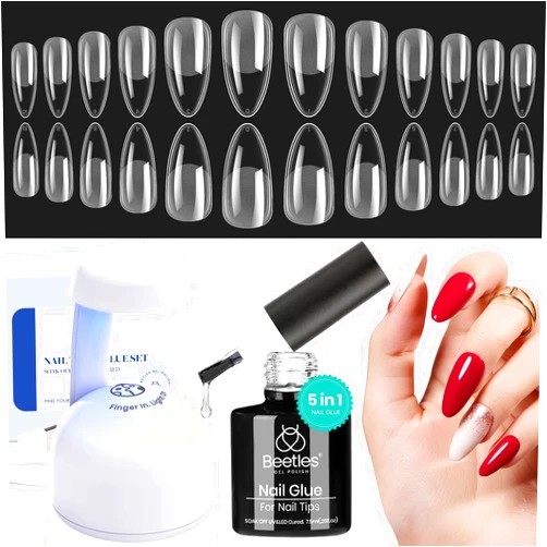 Beetles Gel Polish Beetles Gel Nail Kit Easy Nail Extension Set Etch X Nail Tips 500Pcs Half Matte Pre-filed Medium Almond Nail Tips with 5 in 1 Mutipurpose Glue Gel Base Uv Led Nail Lamp DIY Manicure Art