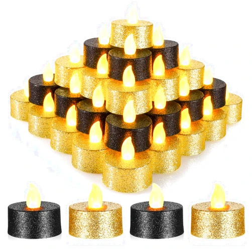 Mudder 48 Packs Valentine's Day Glitter LED Tealights Flameless Candles Battery Operated Votive Tea Lights with Warm Yellow Light for Wedding Centerpieces Table Anniversary Party(Gold, Black)