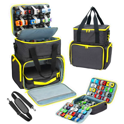 KISLANE Tote Toy Cars Storage Bag with Inner Pouches – Holds 96 Cars and 24 Monster Trucks, Toy Cars Organizer Storage for Matchbox, Monster Trucks (Yellow)