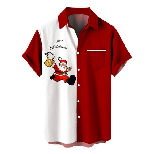 Generic Funny Santa Button Down Shirt Colors 3D Digital Printing Button Lapel Short Sleeve Printed Short Sleeve Bowling