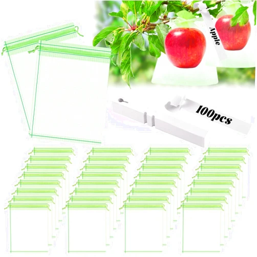 Gushu 100pcs Fruit Protection Bags, 6 x 8 Inch Green Fruit Netting Cover Bags with 100pcs Plant Label Drawstring Mesh Fruit Protectors Pest Barrier for Plant Fruit Vegetable Veggies Garden