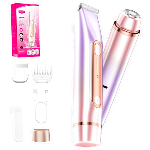 PVBKZ Bikini Trimmer for Women, 2-in-1 Painless Electric Razor for Body and Pubic Hair, IPX7 Waterproof Shaver with Dual Heads - Rechargeable Lady Trimmer for Bikini, Underarm, and Leg (Coral Purple)
