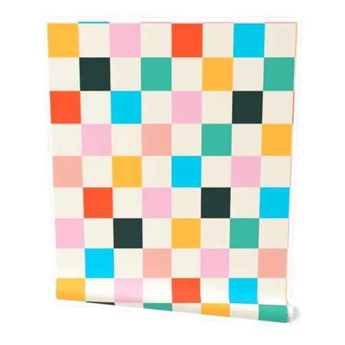 Spoonflower Removable Wallpaper Swatch - Retro Checkerboard Pink Orange Modern Multicolor Checker Custom Pre-Pasted Wallpaper