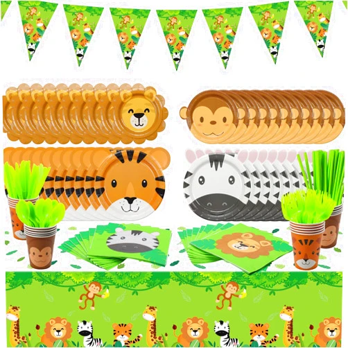 PIXHOTUL 162Pcs Jungle Party Supplies- Include Animal Shape Plates, Jungle Tablecloth, Safari Flag, Napkins, Cups, Cutlery, Safari Theme Party Supplies for Kids Birthday Baby Shower Wild One, Serves 20 Guests