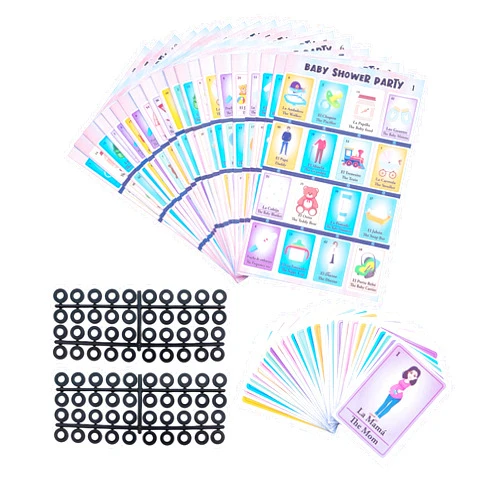 ELIASM Baby Shower Bingo Kit - Bilingual English Spanish, for 20 Players - Includes 1 Deck of Cards and Boards - with 240 Markers - for The Entire Family - Great for Learning Spanish.