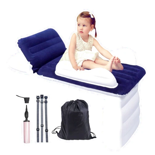 Sunlisky Inflatable Airplane Bed for Toddlers, Blue Airplane Travel Bed for Kids with Sides, Safety Belt, Manual Pump and Travel Bag, Baby Airplane Bed Fits Most Airplane Seats（Blue）
