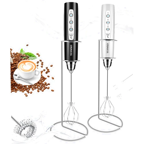 YUSWKO Rechargeable Milk Frother for Coffee with Stand, Handheld Drink Mixer with 3 Heads 3 Speeds Electric Stirrers for Latte, Cappuccino, Hot Chocolate, Egg