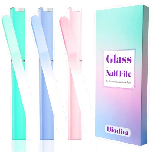 Diodiva Glass Nail File 3 Pack, Nail File Glass with Case, Fingernail Files for Natural Double Sided Etched Filer Professional Manicure Tool Czech Glass, Unique Gifts Women Stocking Stuffers for Adults