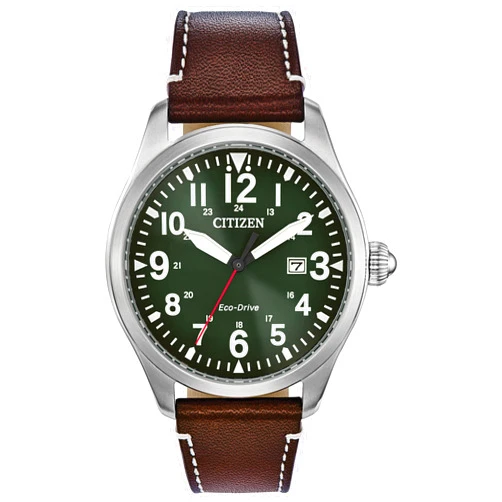 Citizen Men's Sport Casual Garrison 3-Hand Date Eco-Drive Leather Strap Watch, Arabic Markers, Stainless Steel, Field Watch