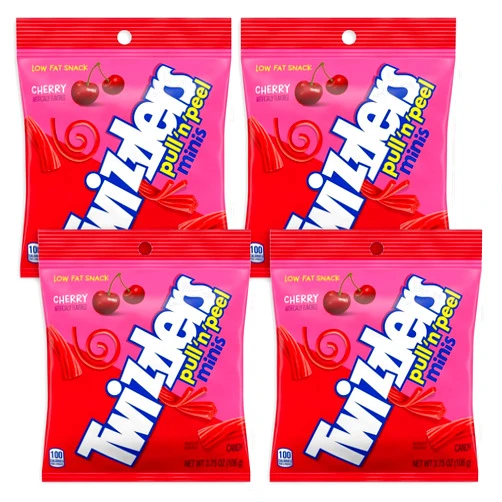 CHAIN & JO SWEETS Twizzlers Pull n' Peel Minis Cherry Candy Red Licorice 4PK (3.75oz Each one ) - Cherry Licorice Twizzlers Candy Bag of Chewy Candy - Cherry Candy Red candy for Birthday Treats, Candy Buffet Jars or as