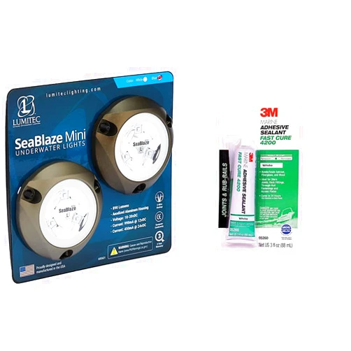 Lumitec SeaBlaze Mini LED Surface Mount Underwater Boat Light, 2 Per Pack, Blue - 101246 & 3M Marine Adhesive Sealant Fast Cure 4200 (05260) – Semi-Permanent Flexible Adhesive Sealant 3 Ounces