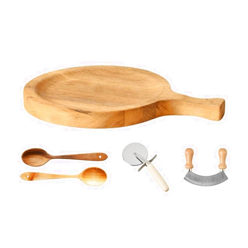EtuHOME Italian Chef Set Large Cutting Board Bowl Bundle with Wood Spoon Set, Mezzaluna, and Pizza Cutter