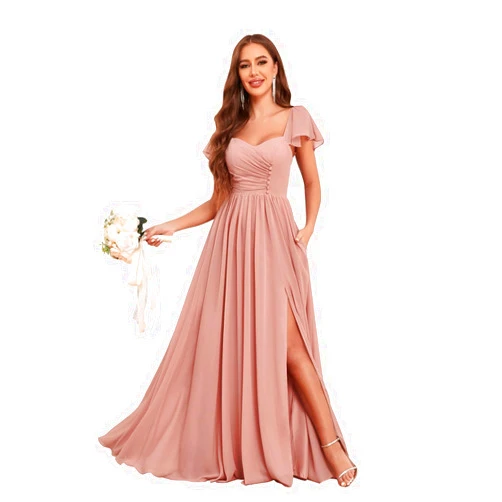 Sukleet Women's Ruffles Sleeve Bridesmaid Dresses with Pockets Buttons Flowy Chiffon Long Formal Dress