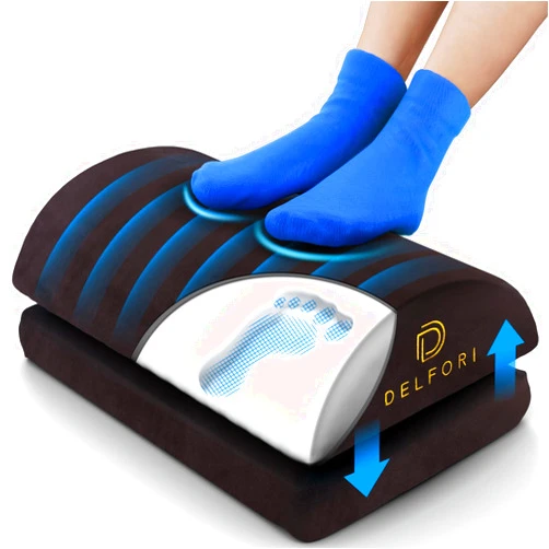 Delfori Premium Under Desk Footrest - Ergonomic Foot Rest for Work, Home & Office Use - Adjustable Height Memory Foam Foot Stool for Gaming Chair - Comfortable & Perfect for Back Pain Relief and Leg Support