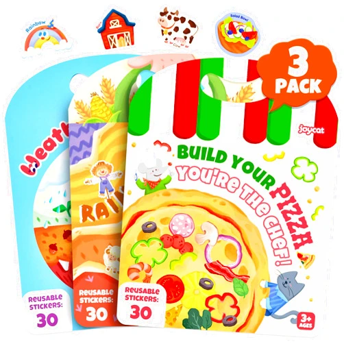 JoyCat Reusable Sticker Book Set (3-Pack): Farm, Pizza-Making, Weather - 90 Pcs Stickers for Toddlers, Kids Sticker Activity Book, Road Trip Travel Toys, Birthday Gifts for Boys and Girls