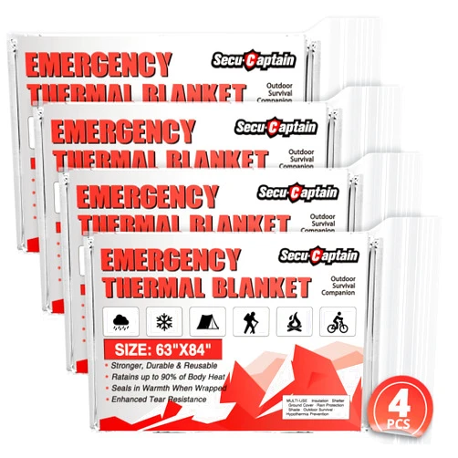 SecuCaptain Survival Emergency Thermal Blankets: Extra Large 84” x63” 4/10/25/30/50/75/100 PCS Space Mylar Blanket Kit for Outdoor Cold Winter Camping Hiking Car Bug Out Bag or First Aid