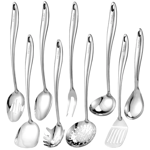 Standcn 304 Stainless Steel Kitchen Utensil Set - 9 PCS Serving Utensils, Cooking Utensil, Solid Spoon, Slotted Spoon, Fork, Spatula, Ladle, Skimmer Spoon, Slotted Spatula Tunner, Spaghetti Spoon, Large Spoon