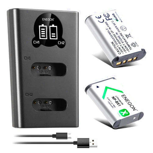 ENEGON NP-BX1 2-Pack Battery with LCD Dual USB Charger - Ideal for Sony NP-BX1 and Sony ZV-1, Cyber-Shot DSC-RX100, DSC-RX100 II/III/M4/M5/M6/M7/Ⅳ/Ⅴ/Ⅵ/Ⅶ/VA, DSC-RX100M II