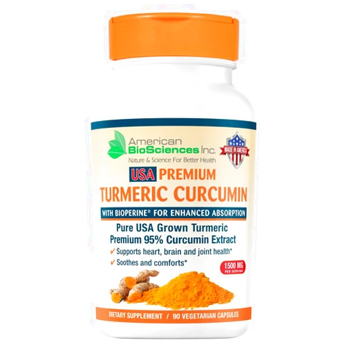 American BioSciences USA Premium Turmeric Curcumin with BioPerine 1500mg - 95% Standardized Curcuminoids & Black Pepper Extract for Enhanced Absorption - Natural Joint Support - 90 Capsules