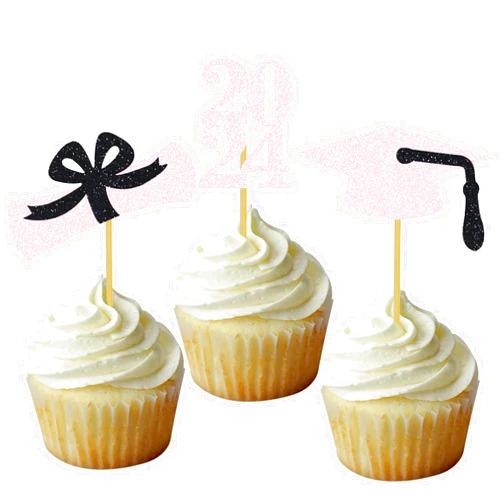 DOMOO OF DREAMS Graduation Cupcake Toppers Grad Party Decoration Food Picks Congrats Glitter Diploma Cap School Colors Supplies 24 PCS Pink