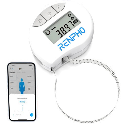 RENPHO Body Measuring Tape, Smart Tape Measure for Weight Loss, Bluetooth Tape with App, Retractable Tape for Measuring Waist, Hip, Bust, Arms, Muscle Gain, Fitness Equipment, 60in /150cm, White